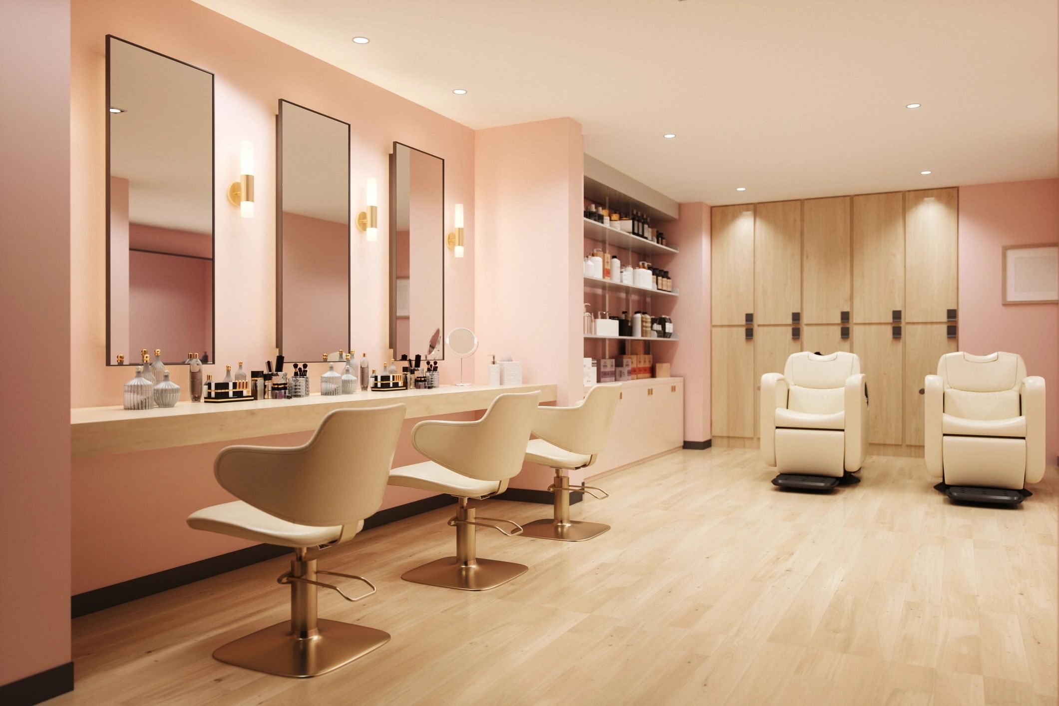 Modern beauty salon with stylish chairs and mirrors.